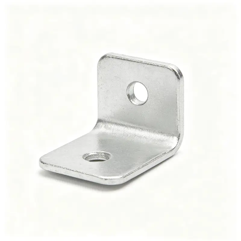 Close-up of automotive metal bracket showing L-shape, mounting hole and brushed steel surface