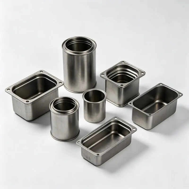 Tin plated automotive deep drawn metal housings, cylindrical stamped enclosures on white background